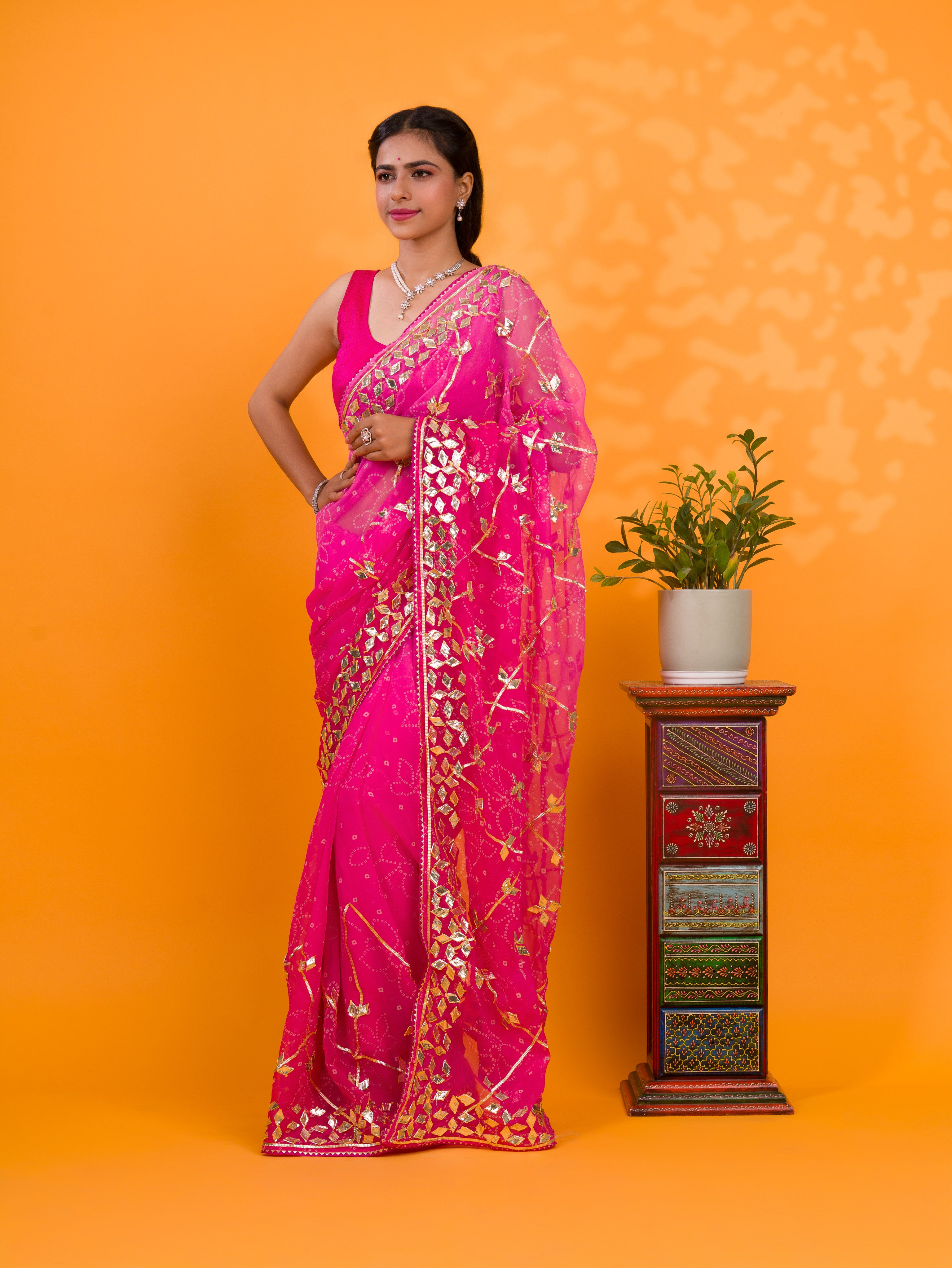  Pink saree with gold patterns Chiffon Bandhani Style With Gotapatti Work Saree