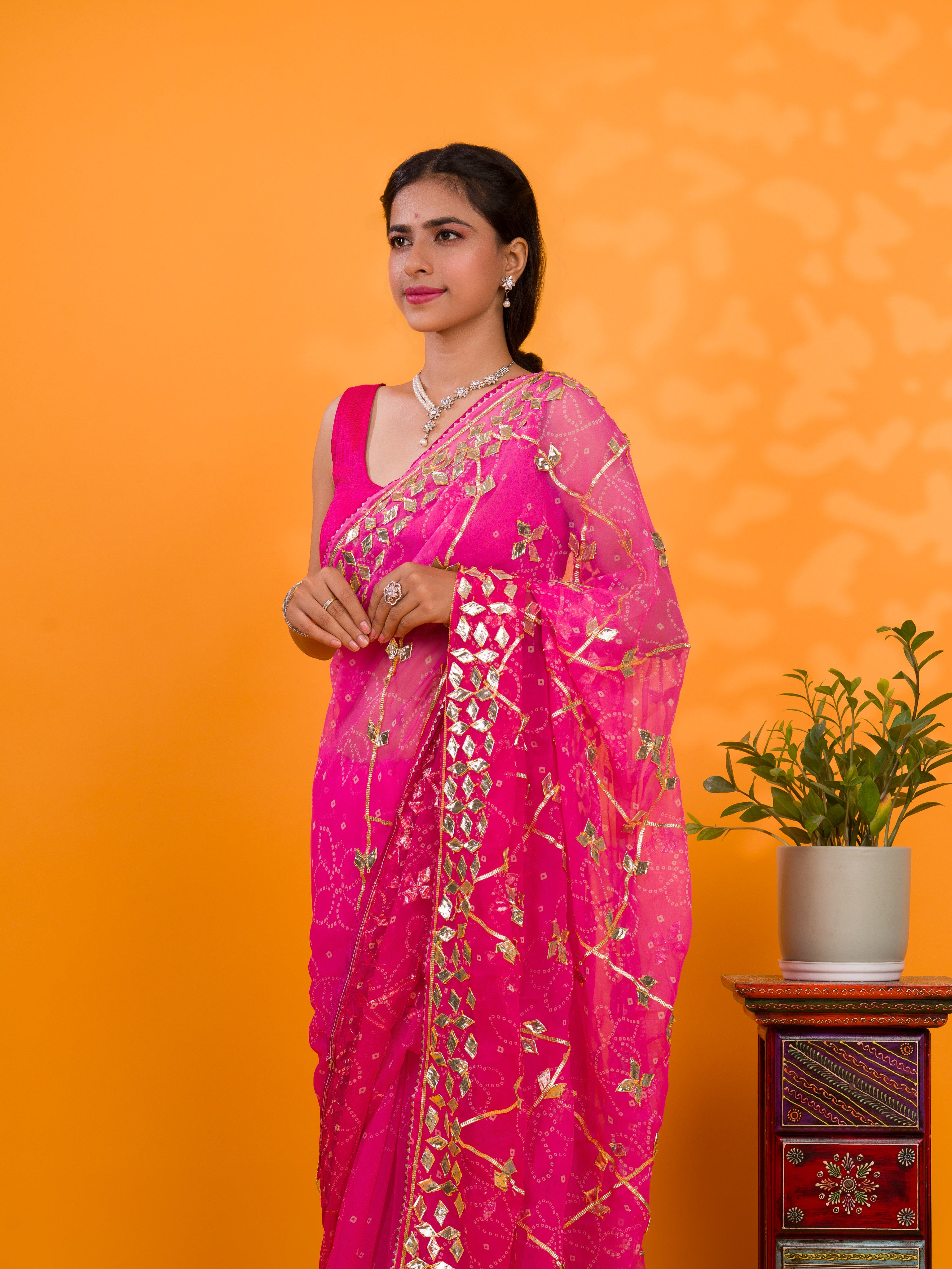  Pink saree with gold patterns Chiffon Bandhani Style With Gotapatti Work Saree