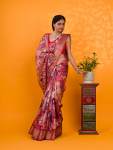 A saree with a kalamkari style pattern in maroon colors, with zari weaving and a Banarasi border. under 1000