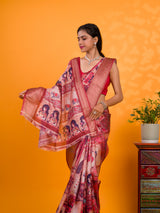 A saree with a kalamkari style pattern in maroon colors, with zari weaving and a Banarasi border. under 1000