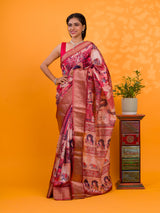 A saree with a kalamkari style pattern in maroon colors, with zari weaving and a Banarasi border. under 1000