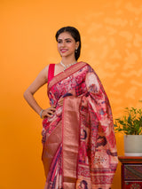 A saree with a kalamkari style pattern in maroon colors, with zari weaving and a Banarasi border. under 1000