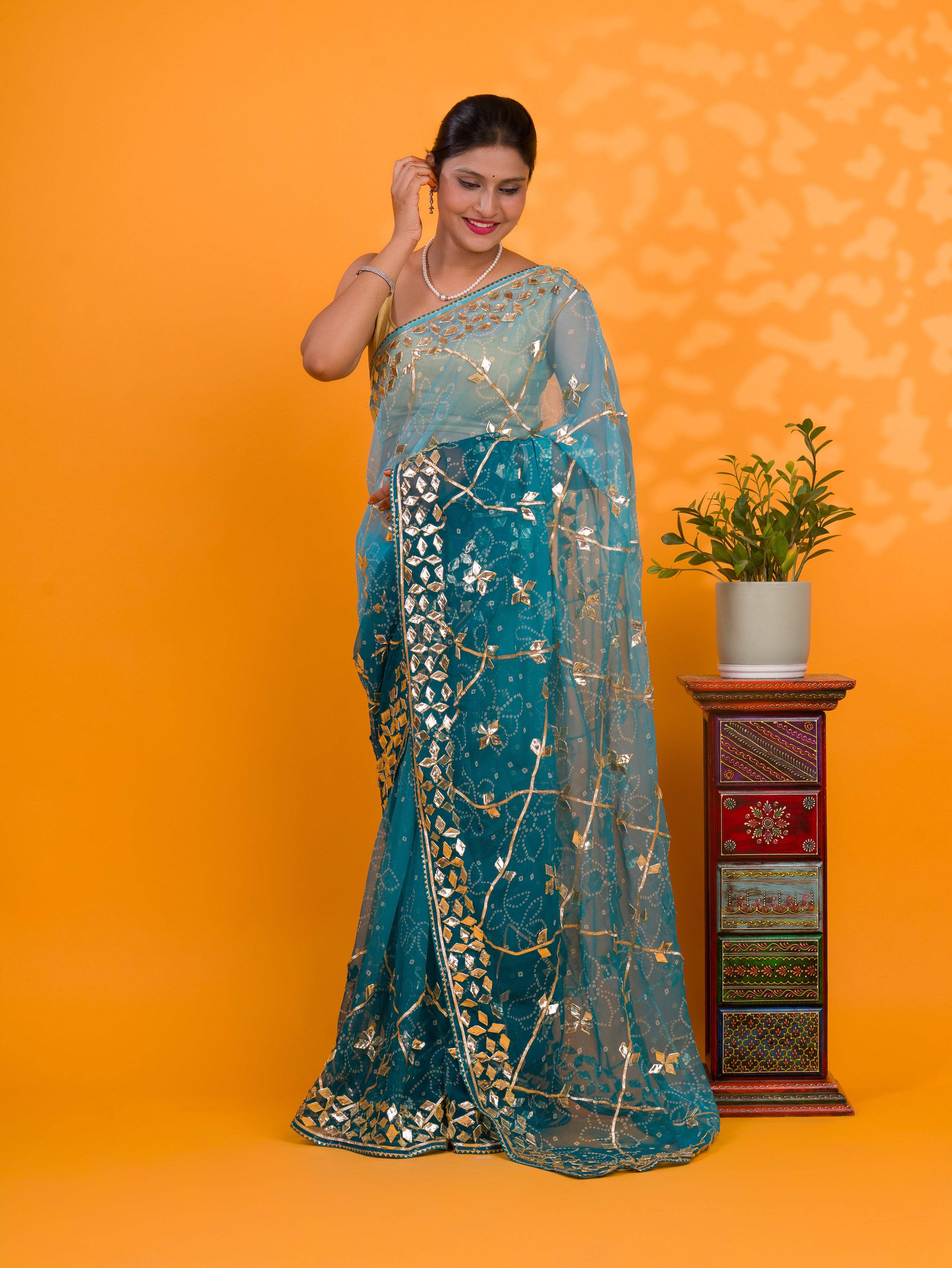  Blue saree with gold embroideryChiffon Bandhani Style With Gotapatti Work Saree