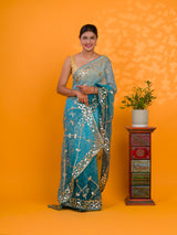  Blue saree with gold embroideryChiffon Bandhani Style With Gotapatti Work Saree