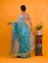 Blue saree with gold embroideryChiffon Bandhani Style With Gotapatti Work Saree