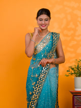  Blue saree with gold embroideryChiffon Bandhani Style With Gotapatti Work Saree