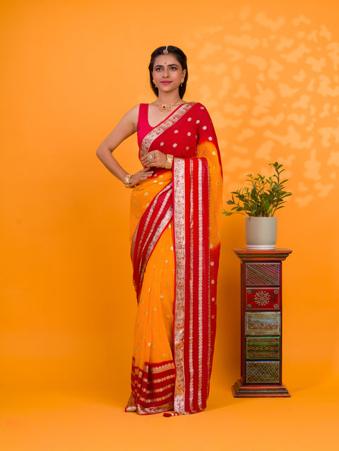 KcPc New Pure Georgette Jaipuri Tie Dye Zari Weaving Saree