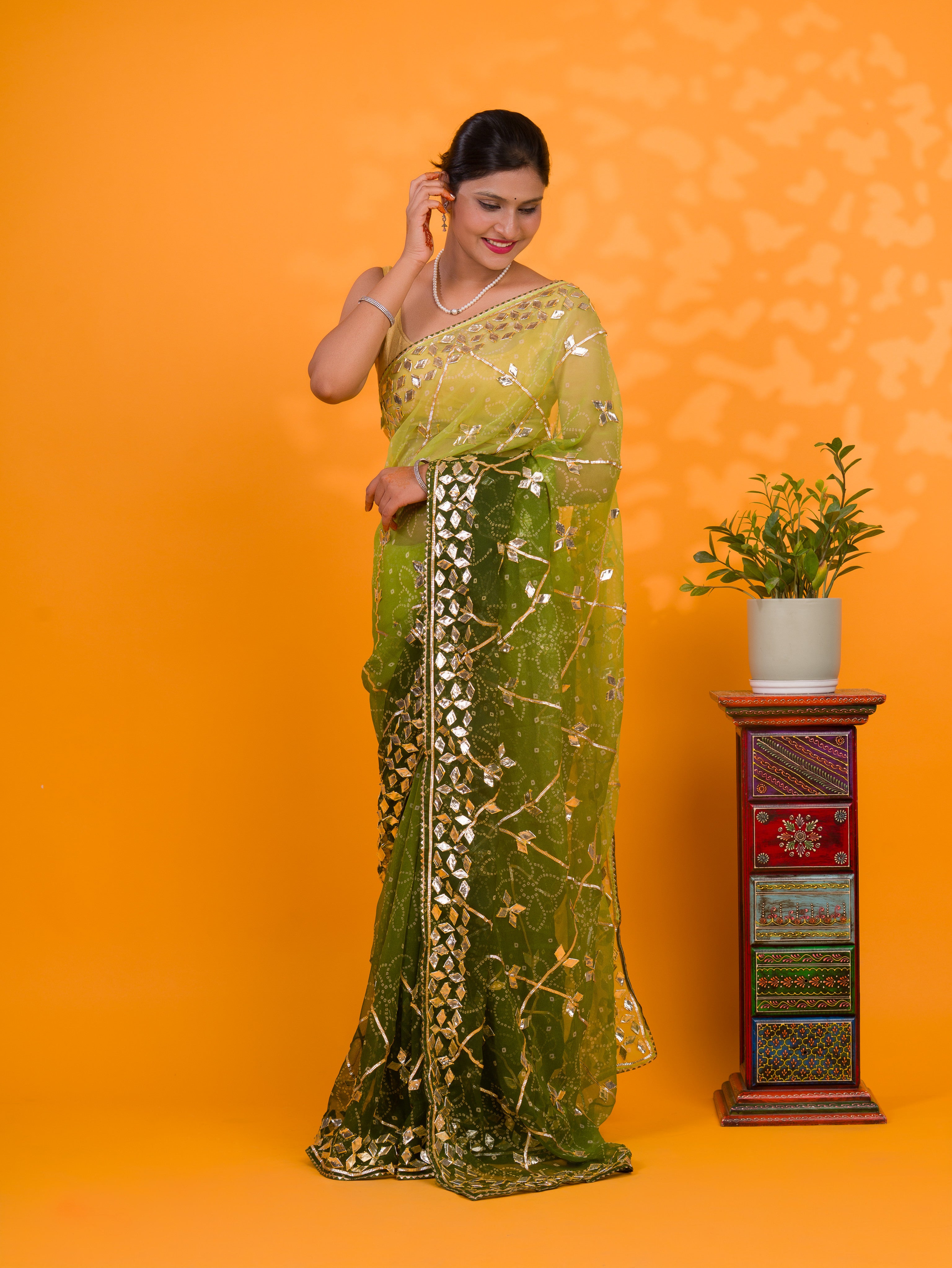  Chiffon Bandhani Style With Gotapatti Work Saree in green colour