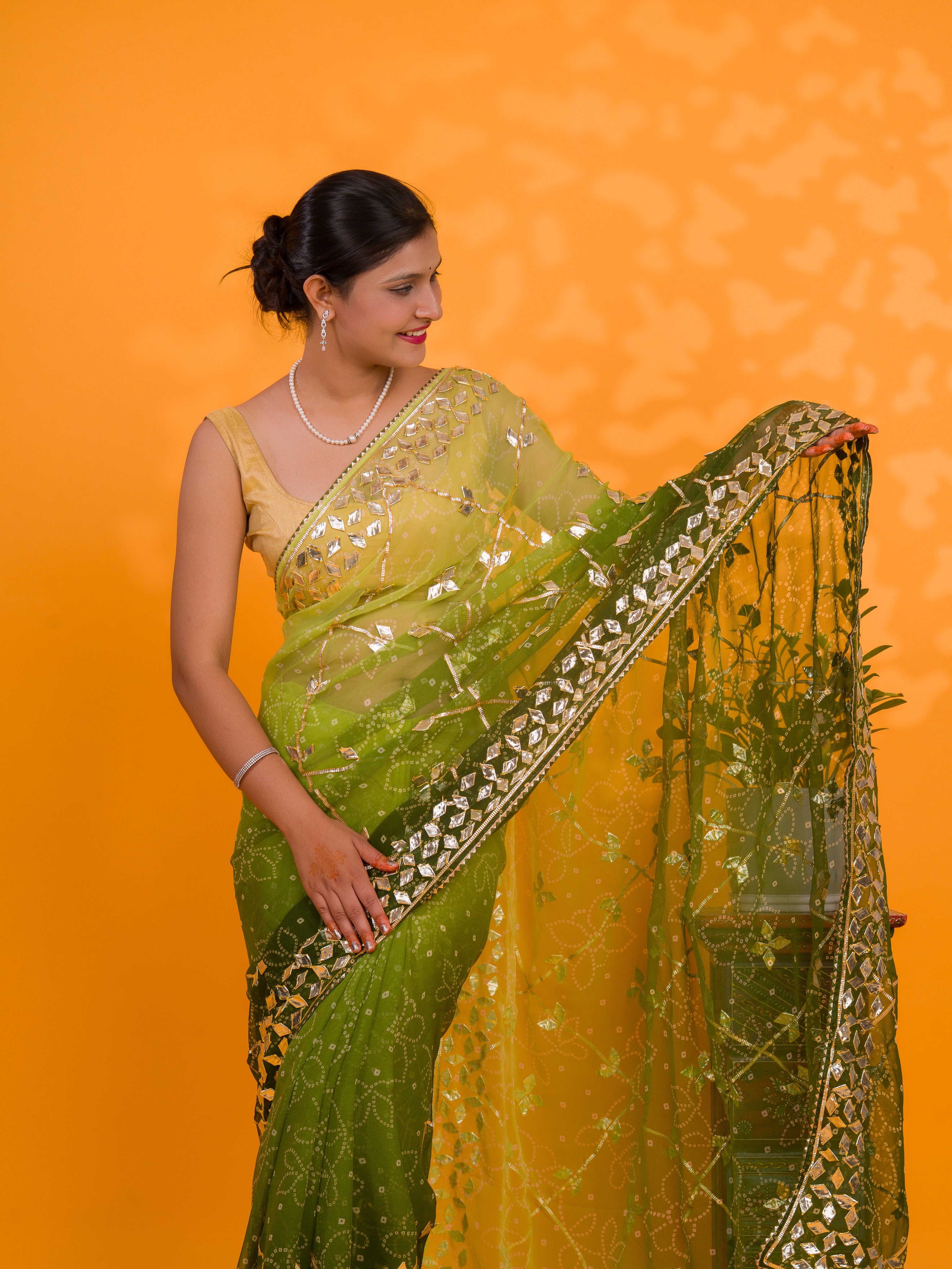  Chiffon Bandhani Style With Gotapatti Work Saree in green colour
