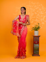  Bright red saree with gold patternsChiffon Bandhani Style With Gotapatti Work Saree