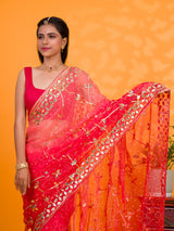 Bright red saree with gold patternsChiffon Bandhani Style With Gotapatti Work Saree