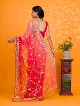  Bright red saree with gold patternsChiffon Bandhani Style With Gotapatti Work Saree