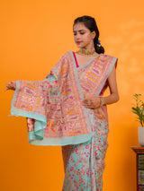 A orenge cotton silk saree with Kashmiri style patterns and Meenakari weaving work.