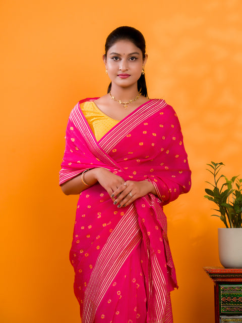 KcPc Latest Chinon Silk Bandhani with Zari Border Saree Chand