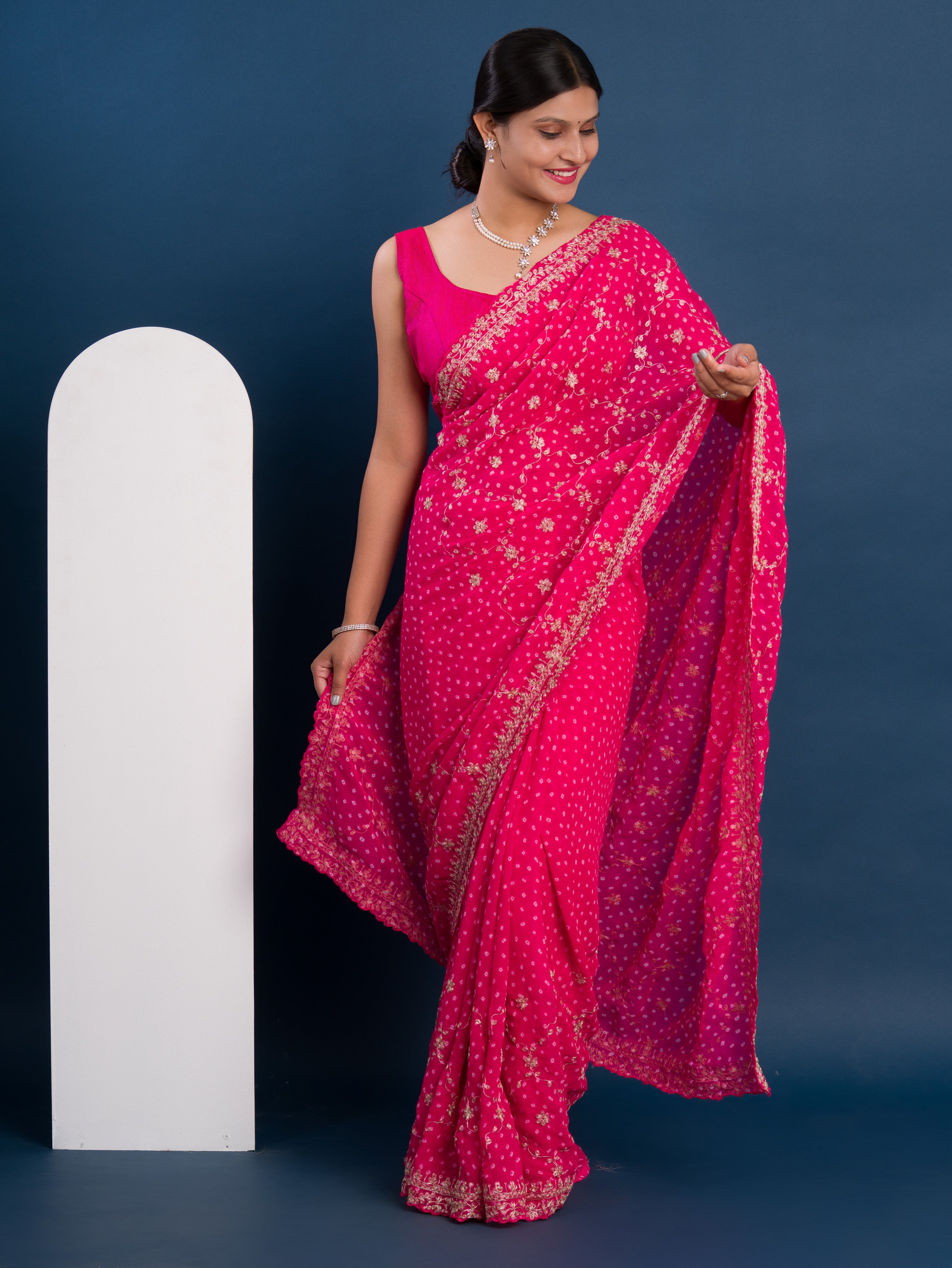 Georgette Bandhani With Pitan Gotapatti Work Saree in pink colour