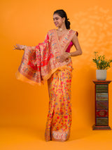 A yellow cotton silk saree with Kashmiri style patterns and Meenakari weaving work.