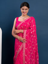  Georgette Bandhani With Pitan Gotapatti Work Saree in pink colour
