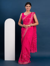  Georgette Bandhani With Pitan Gotapatti Work Saree in pink colour