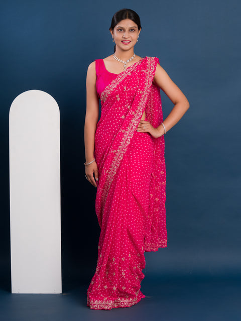 KcPc New Beautiful Georgette Bandhani With Pitan Gotapatti Work Saree MK