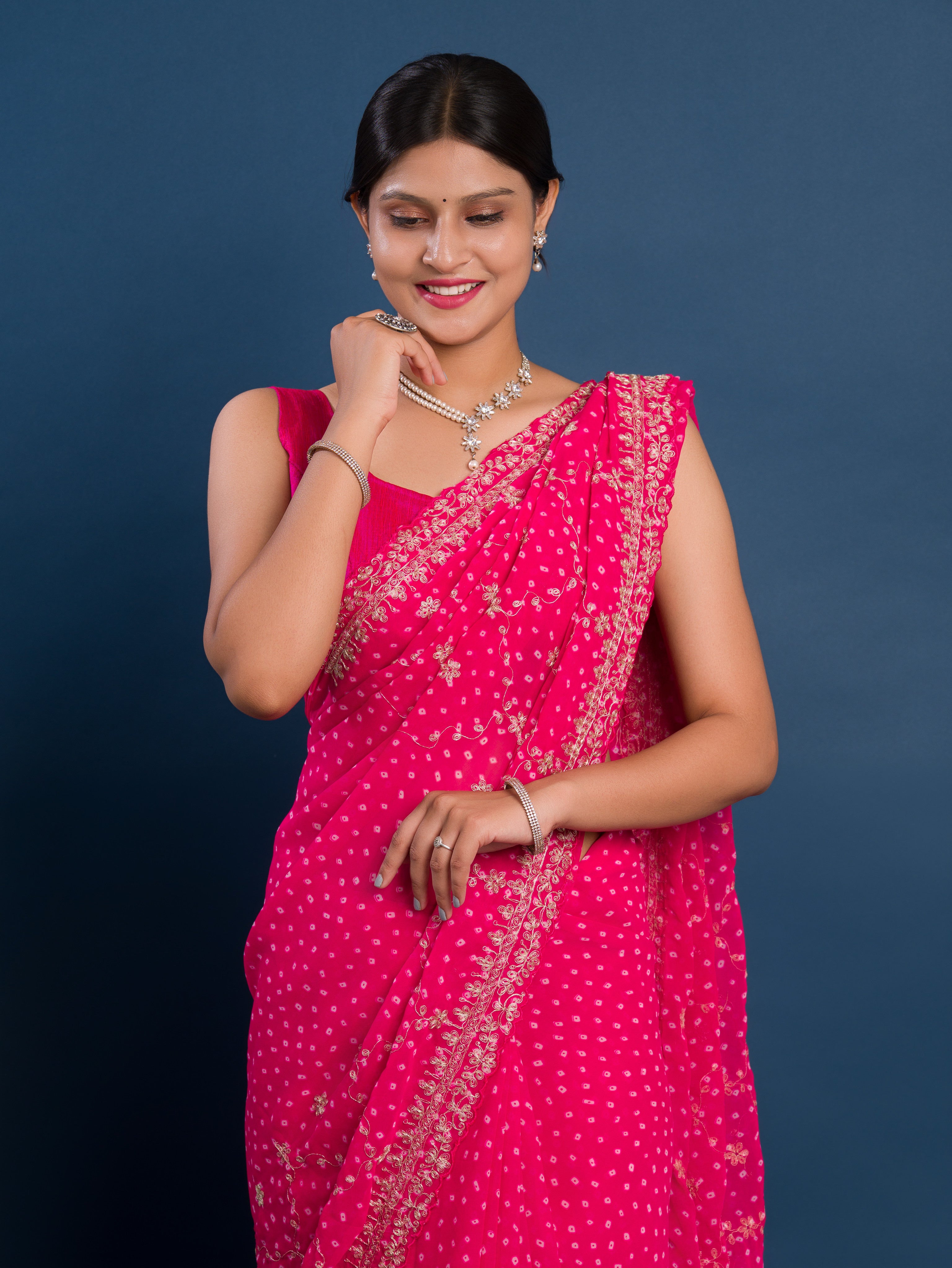  Georgette Bandhani With Pitan Gotapatti Work Saree in pink colour