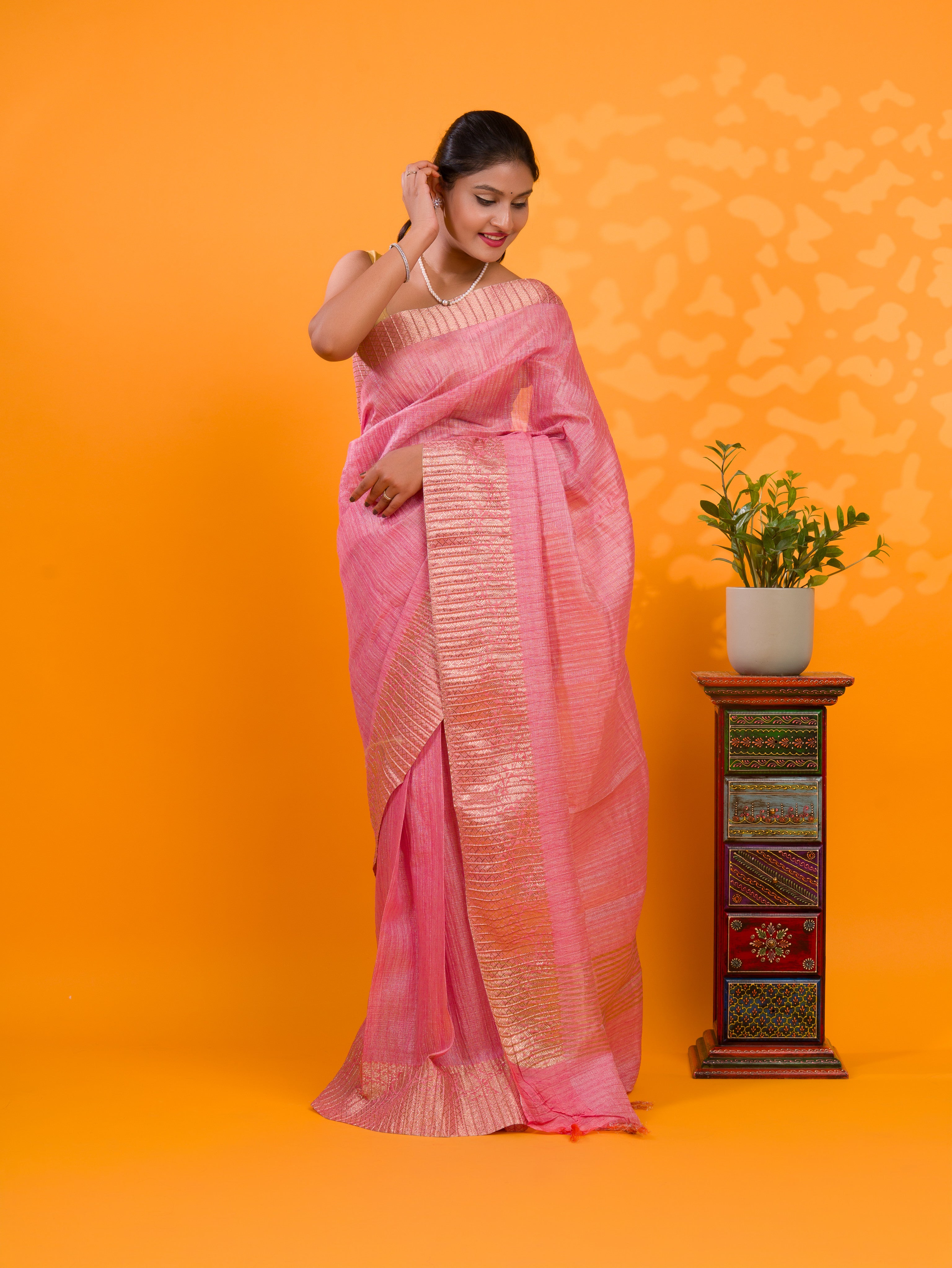 By New Tissue Silk Banarasi style With Zari border Work Saree