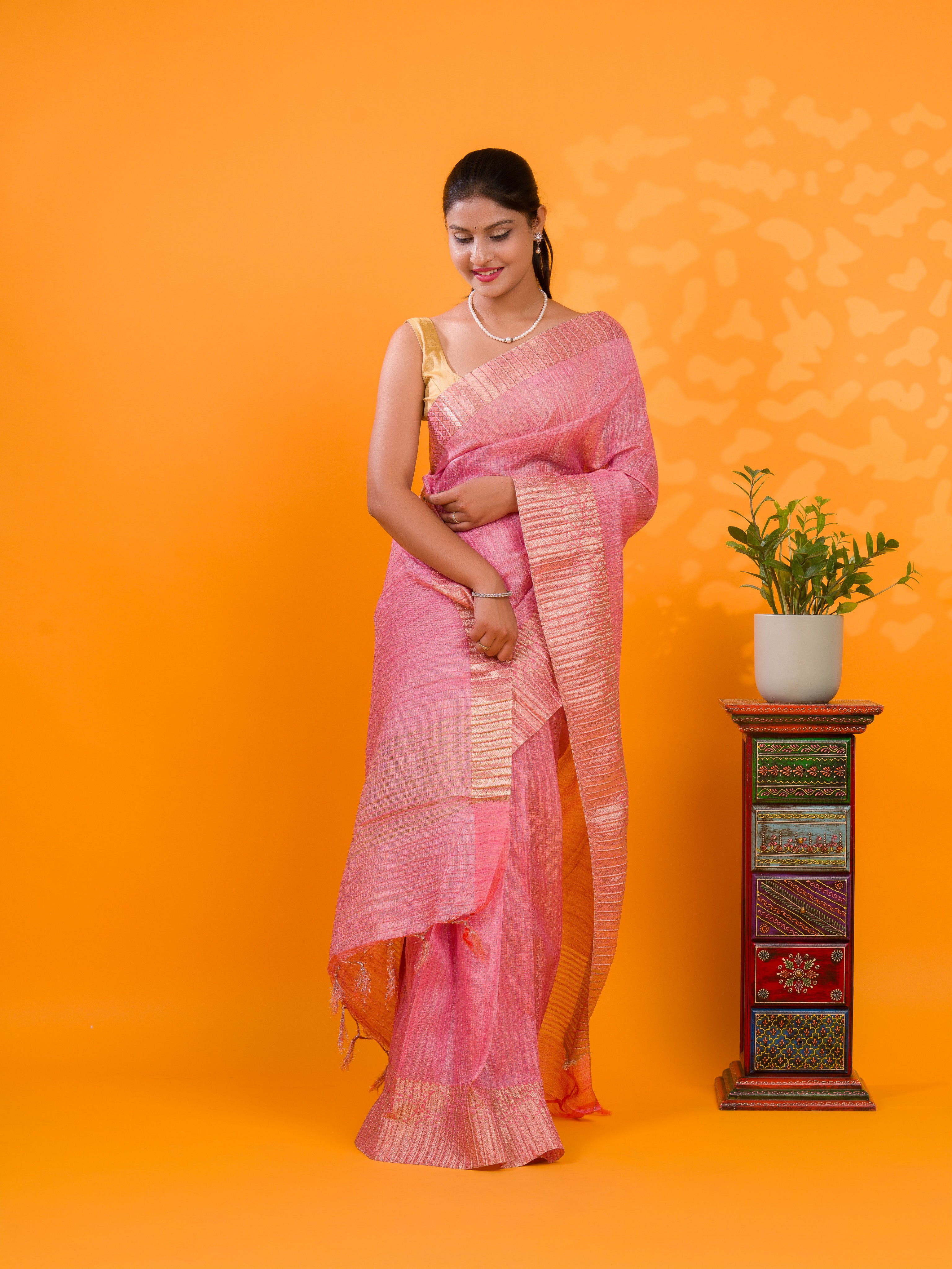 By New Tissue Silk Banarasi style With Zari border Work Saree