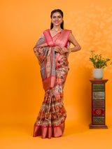 A saree with a kalamkari style pattern in red colors, with zari weaving and a Banarasi border. under 1000