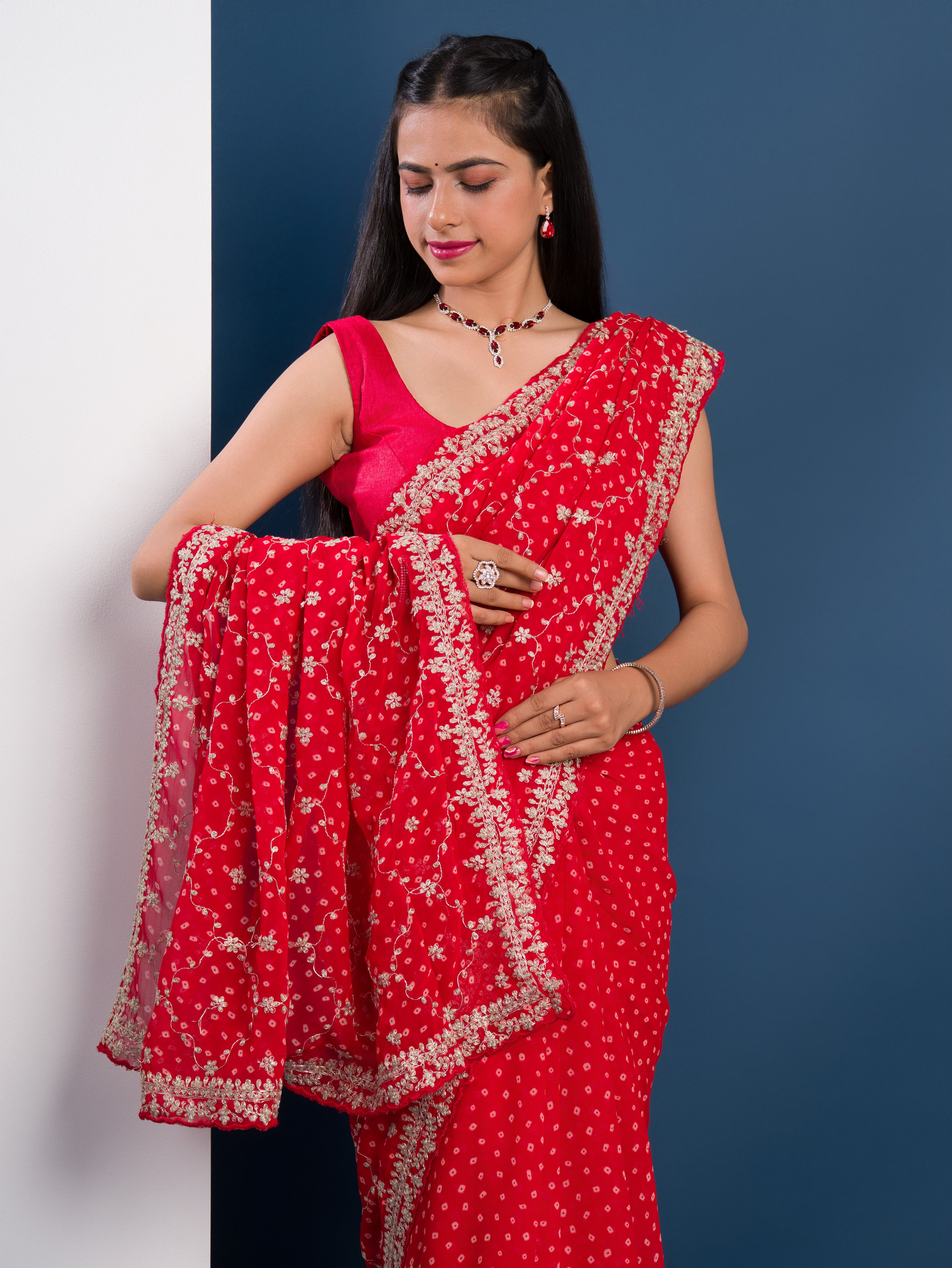 Georgette Bandhani With Pitan Gotapatti Work Saree in red colour