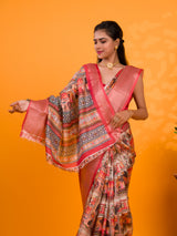 A saree with a kalamkari style pattern in red colors, with zari weaving and a Banarasi border. under 1000
