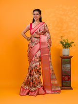 A saree with a kalamkari style pattern in red colors, with zari weaving and a Banarasi border. under 1000