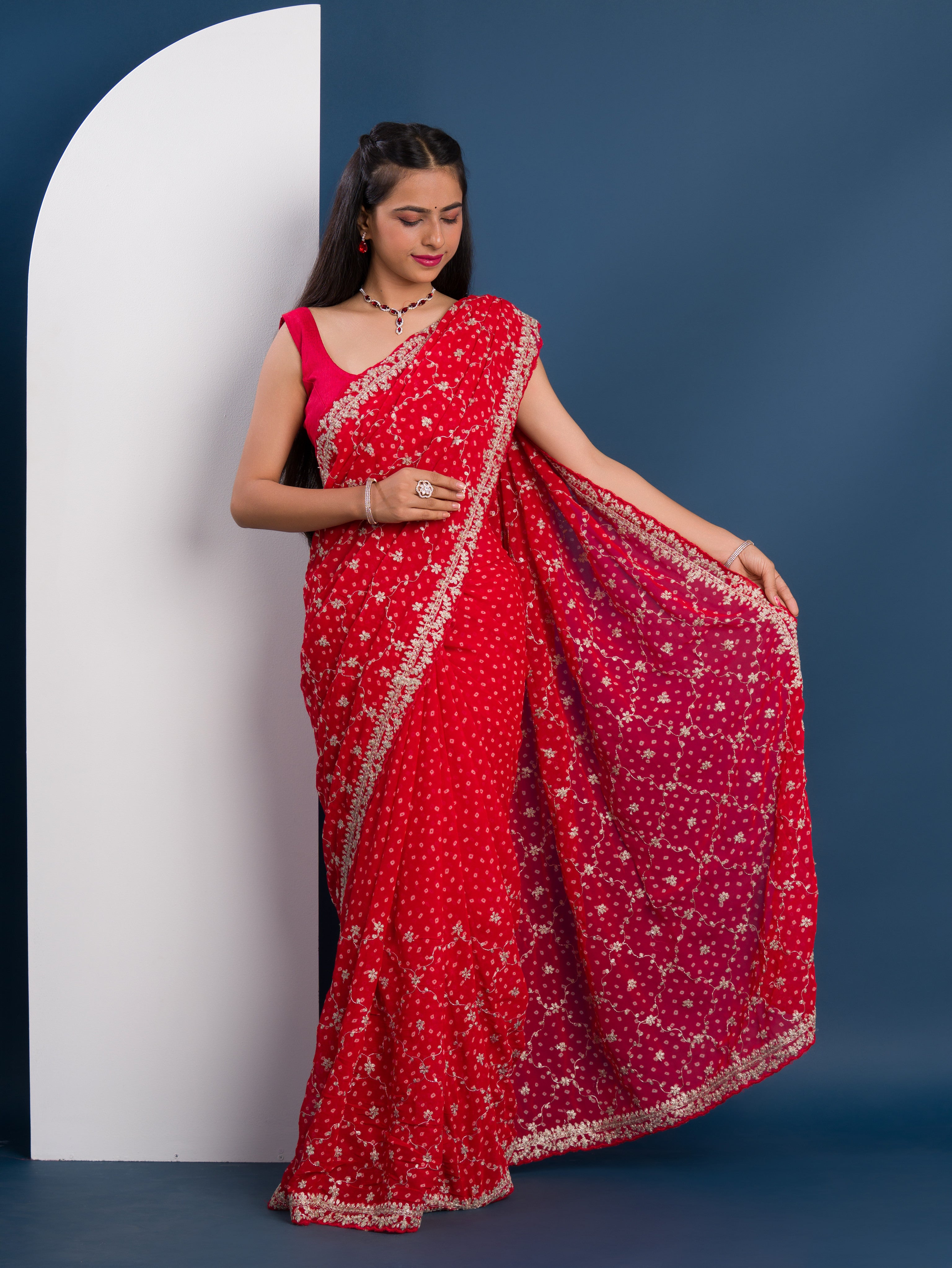 Georgette Bandhani With Pitan Gotapatti Work Saree in red colour