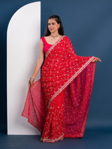 Georgette Bandhani With Pitan Gotapatti Work Saree in red colour