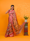 A saree with a kalamkari style pattern in red colors, with zari weaving and a Banarasi border. under 1000