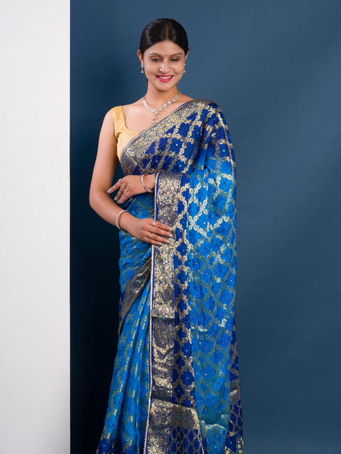 KcPc Gharchola Banarasi Silk With Heavy Zari Work Saree KML Firozi Blue
