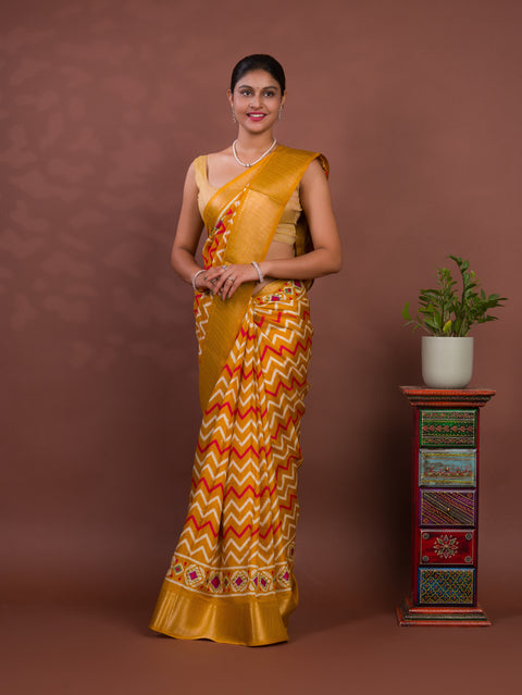 KcPc New Beautiful Cotton Silk Printed Style With Daily Wear Yellow Saree STL