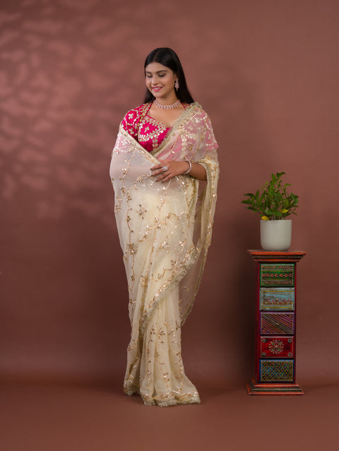 KcPc New Luxury Soft Chiffon Saree with Royal Handmade Kaccha Gotapatti Work Saree SATISH