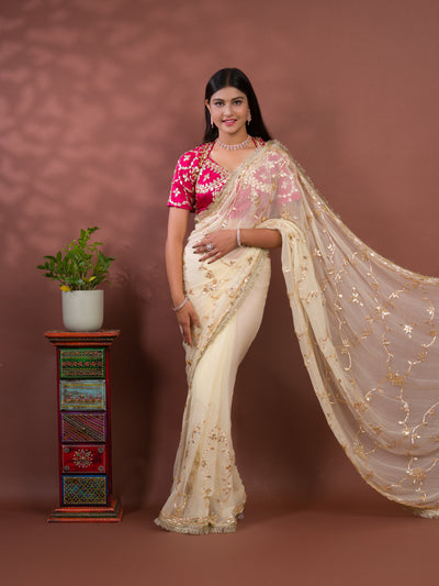 KcPc New Luxury Soft Chiffon Saree with Royal Handmade Kaccha Gotapatti Work Saree SATISH