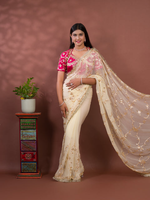 KcPc New Luxury Soft Chiffon Saree with Royal Handmade Kaccha Gotapatti Work Saree SATISH