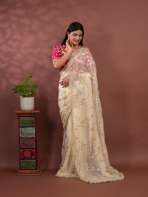 KcPc New Luxury Soft Chiffon Saree with Royal Handmade Kaccha Gotapatti Work Saree SATISH