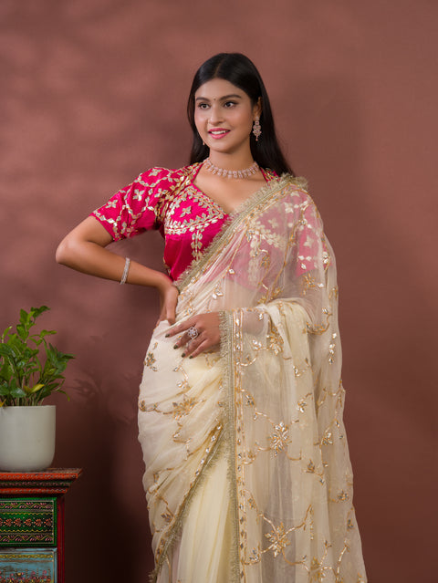 KcPc New Luxury Soft Chiffon Saree with Royal Handmade Kaccha Gotapatti Work Saree SATISH