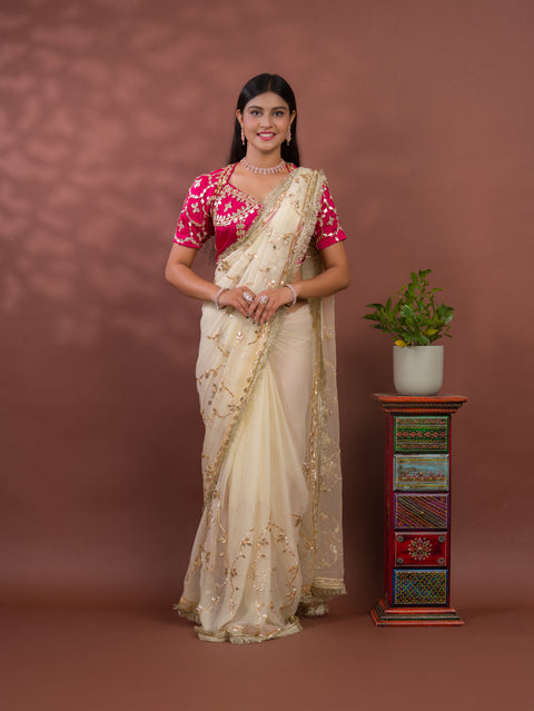 KcPc New Luxury Soft Chiffon Saree with Royal Handmade Kaccha Gotapatti Work Saree SATISH