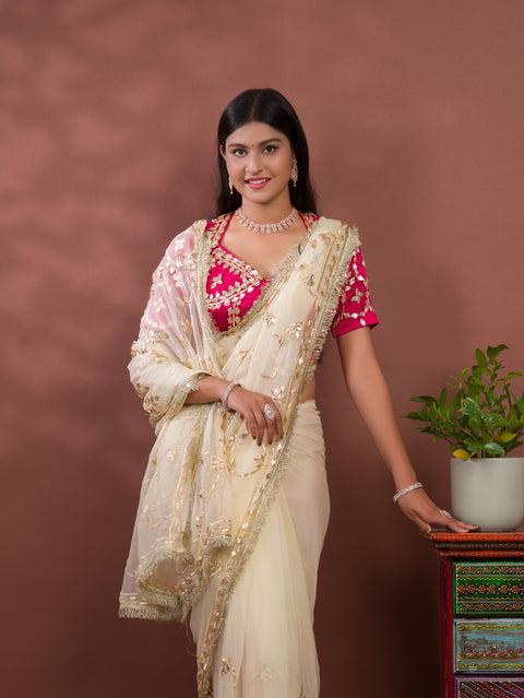 KcPc New Luxury Soft Chiffon Saree with Royal Handmade Kaccha Gotapatti Work Saree SATISH