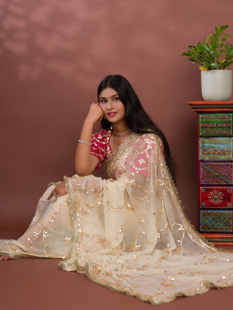 KcPc New Luxury Soft Chiffon Saree with Royal Handmade Kaccha Gotapatti Work Saree SATISH