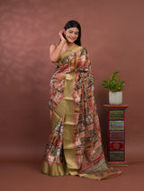 A saree with a kalamkari style pattern in green colors, with zari weaving and a Banarasi border. under 1000