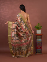 A saree with a kalamkari style pattern in green colors, with zari weaving and a Banarasi border. under 1000