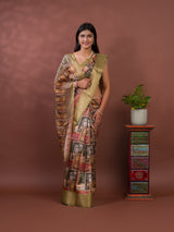 A saree with a kalamkari style pattern in green colors, with zari weaving and a Banarasi border. under 1000