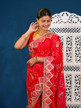Georgette Bandhani Style Fabric with Sequin Embroidery Work Saree 