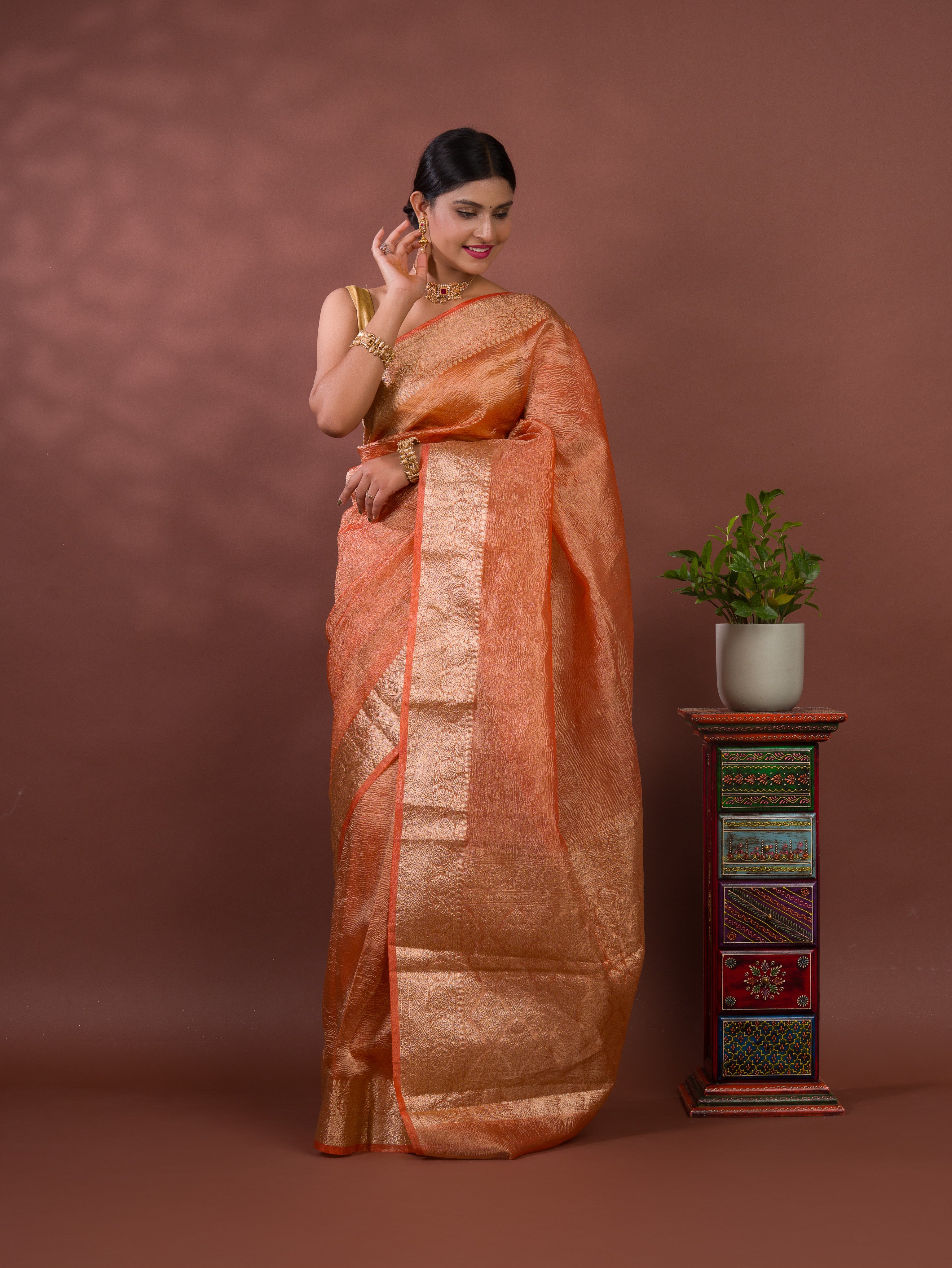  Tissue Silk Banarasi Saree in orange colour