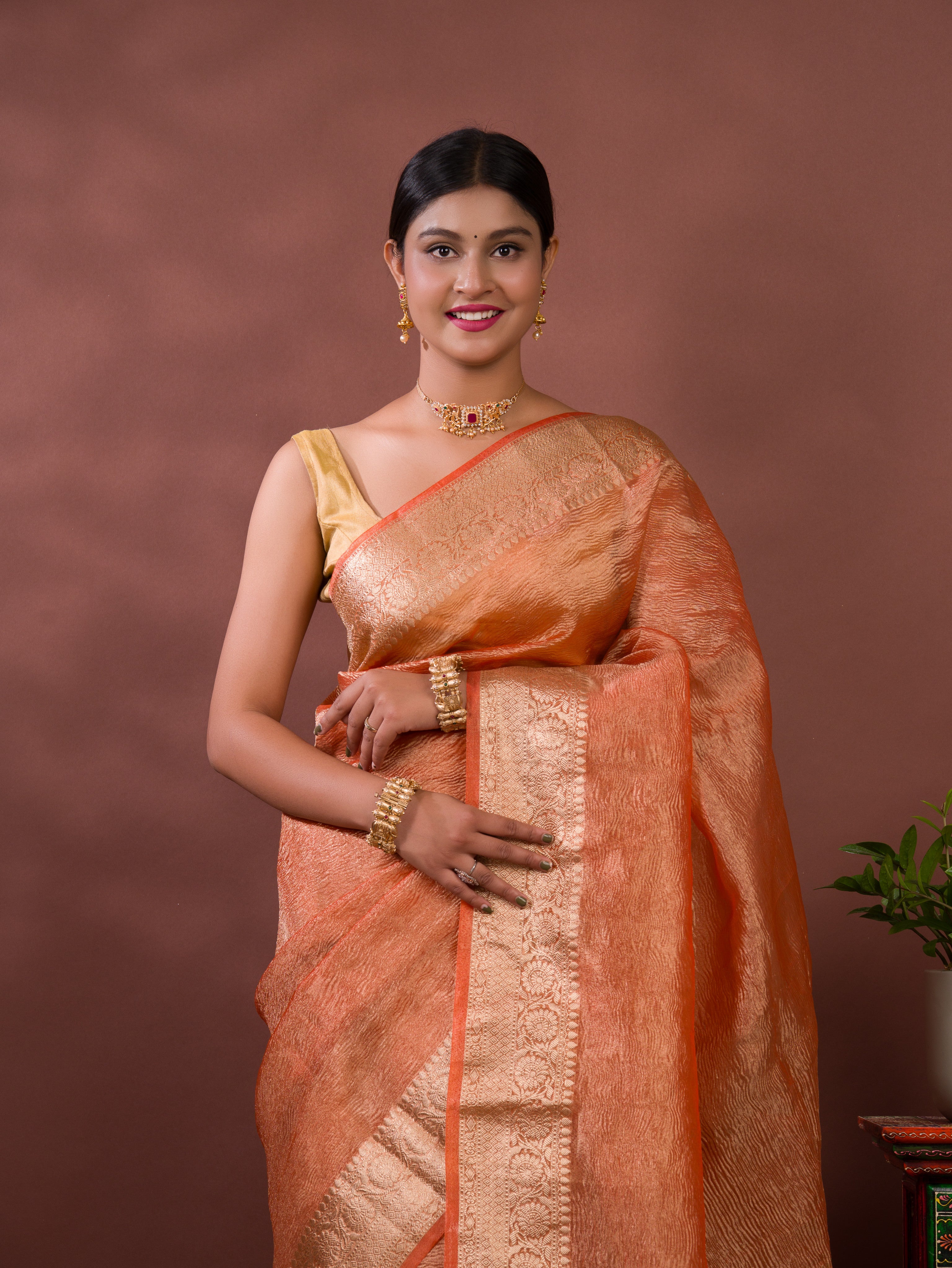  Tissue Silk Banarasi Saree in orange colour
