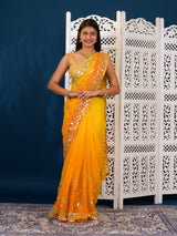  Yellow saree with white patternsChiffon Bandhani Style With Gotapatti Work Saree